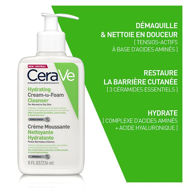 CeraVe – Crème Moussante Nettoyante Hydratante Peaux Normales à Sèches 236ml
